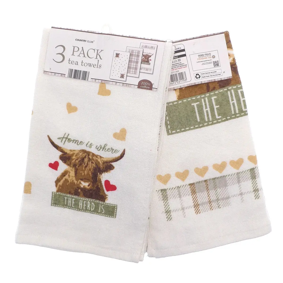 Pack Of 3 Highland Cow Tea Towels Hearts Tartan 100% Cotton White 1