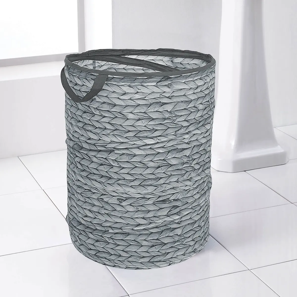 Pop-Up Laundry Bin Basket Home Travel Grey Wicker Print 44Cm 1