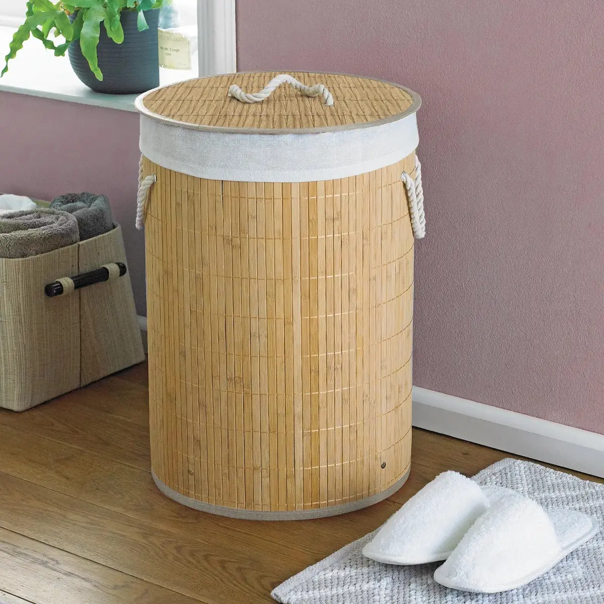 Round Laundry Basket Bamboo & Rattan Effect Eco Friendly Hamper 50Cm 1