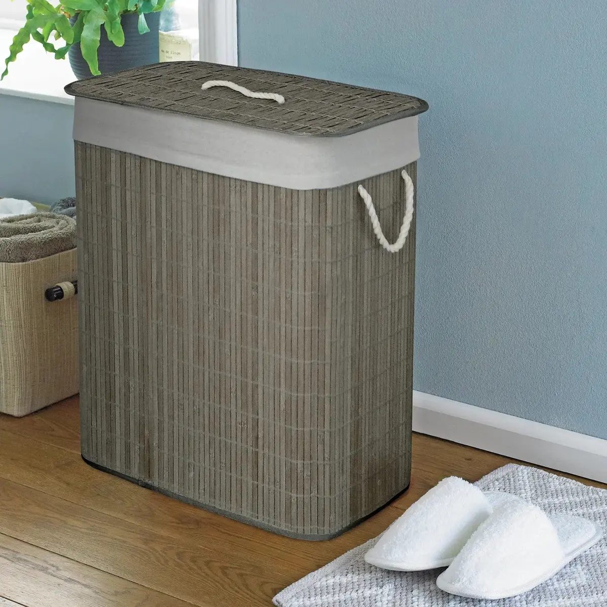 Dual Compartment Natural Bamboo Laundry Basket Eco Friendly Hamper 60Cm 1