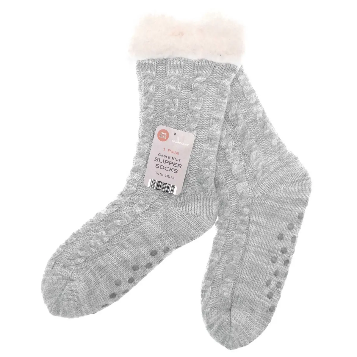 Grey Sherpa Lined Chunky Cable Knit Slipper Socks Grips One Size 1
