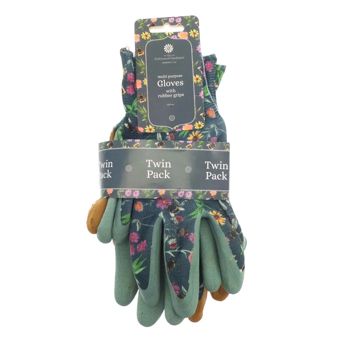 2 Pairs Multi Purpose Gardening Gloves Rubber Grips Meadow Bee Design 1