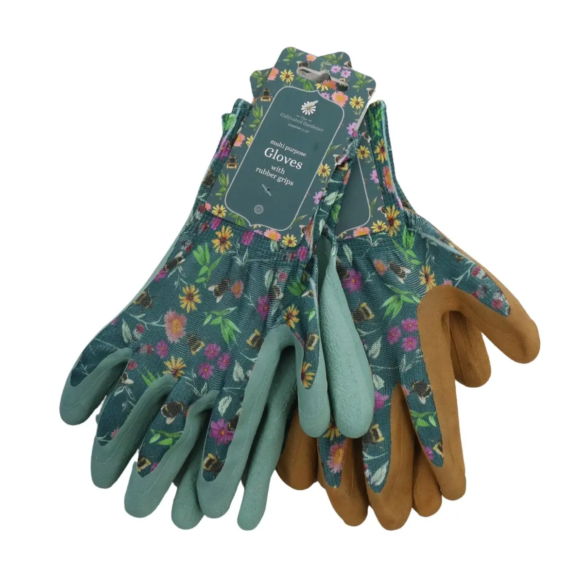 2 Pairs Multi Purpose Gardening Gloves Rubber Grips Meadow Bee Design 2