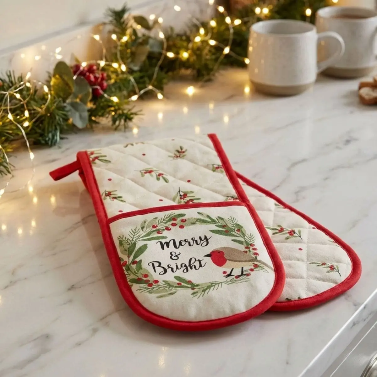 Christmas Double Oven Glove Festive Red Cream 90Cm 1