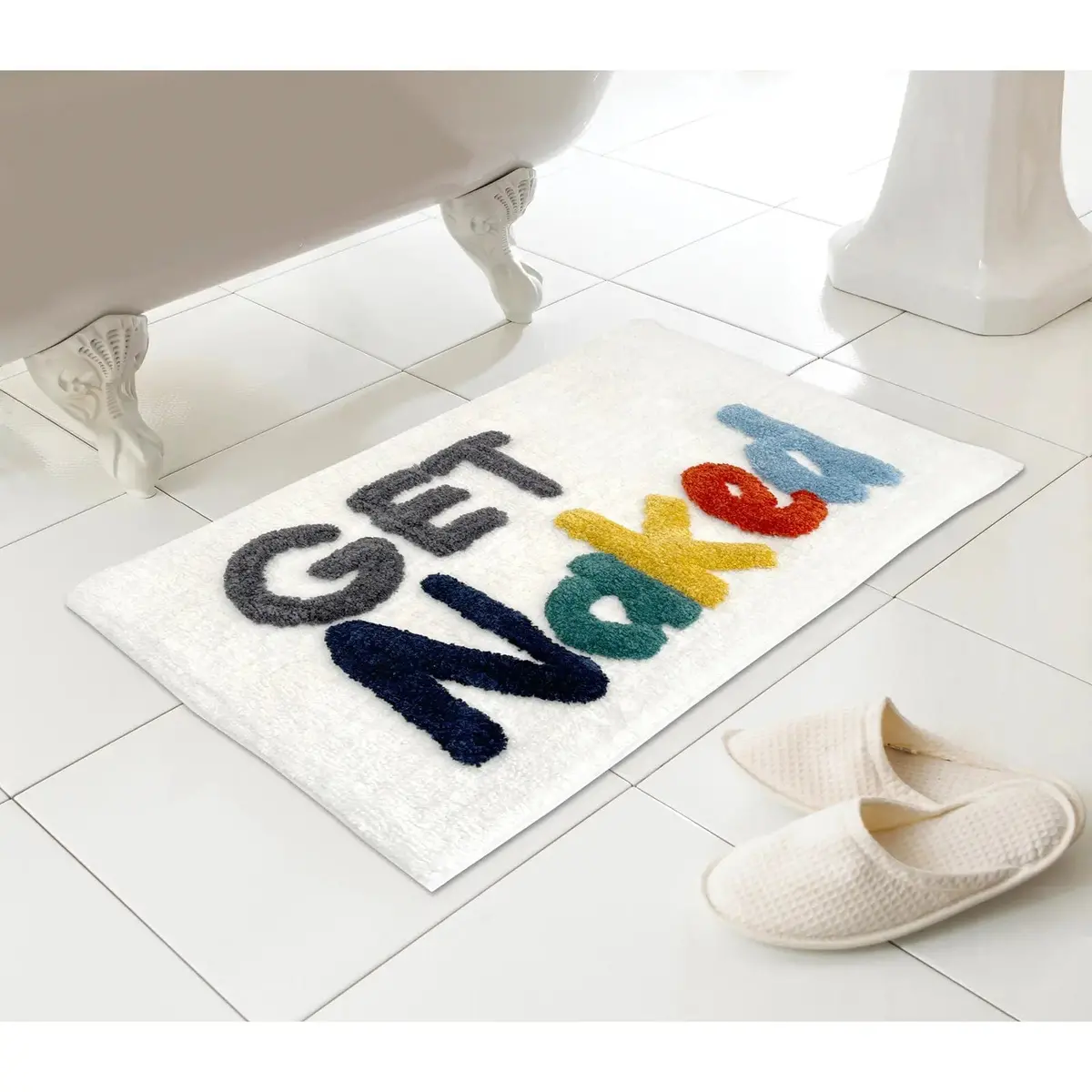 Novelty Words Bath Mat Bathroom Rug Deep Pile White 46 X 76Cm 1