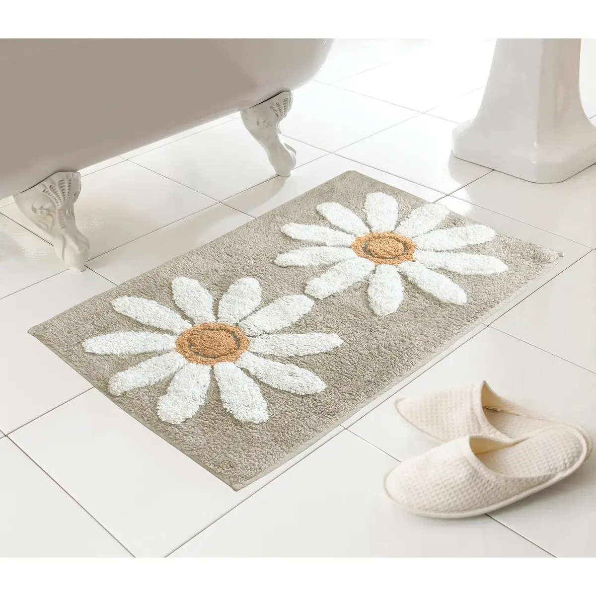 Fleur Bath Mat White Daisy 100% Cotton Super Absorbent 46 X 76Cm 1