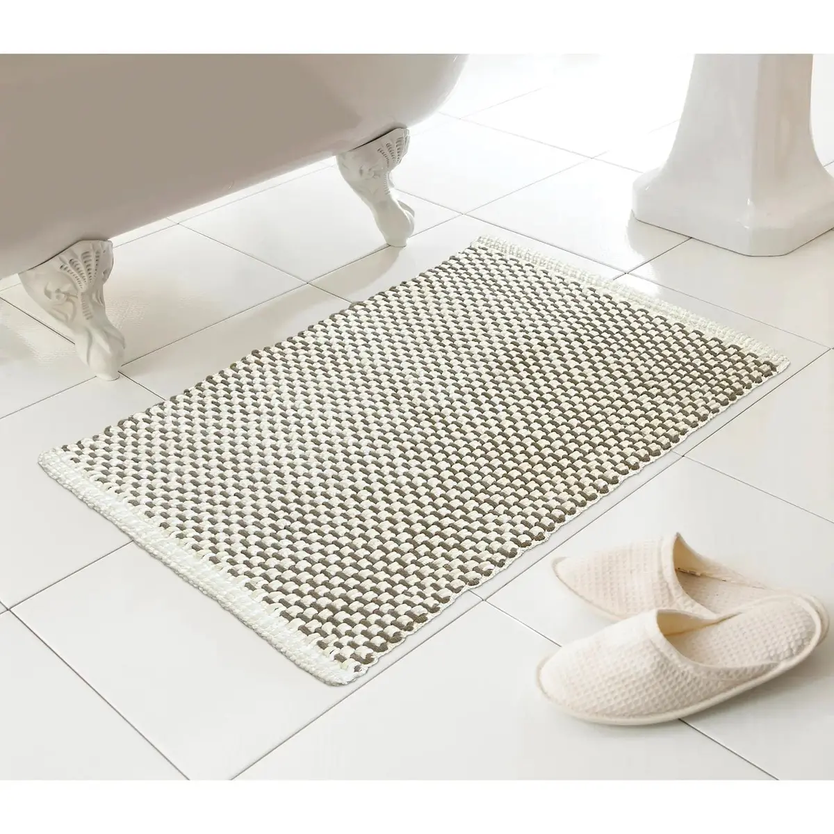 Basket Weave Bath Mat Soft Rug Absorbent Neutral 46 X 76Cm 1