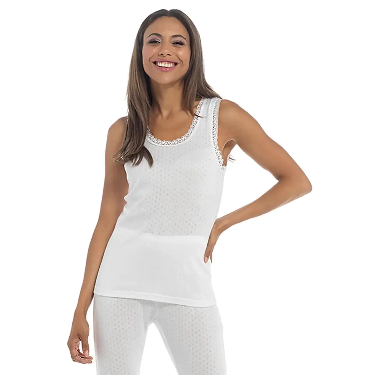 Ladies Thermal Sleeveless Vest Top White Pointelle Extra Warm 1
