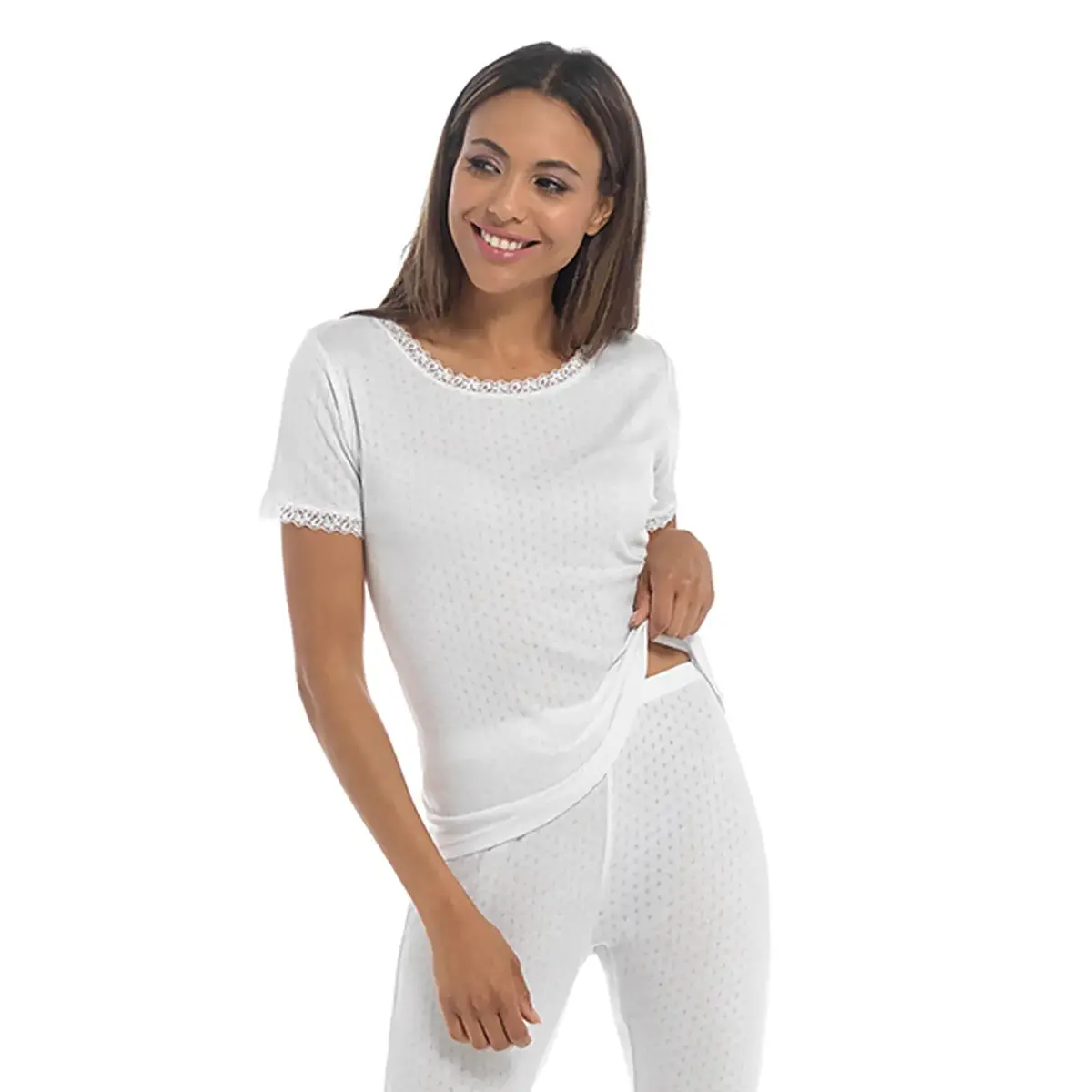 Ladies Thermal Short Sleeve Top White Pointelle Fabric Extra Warm 1