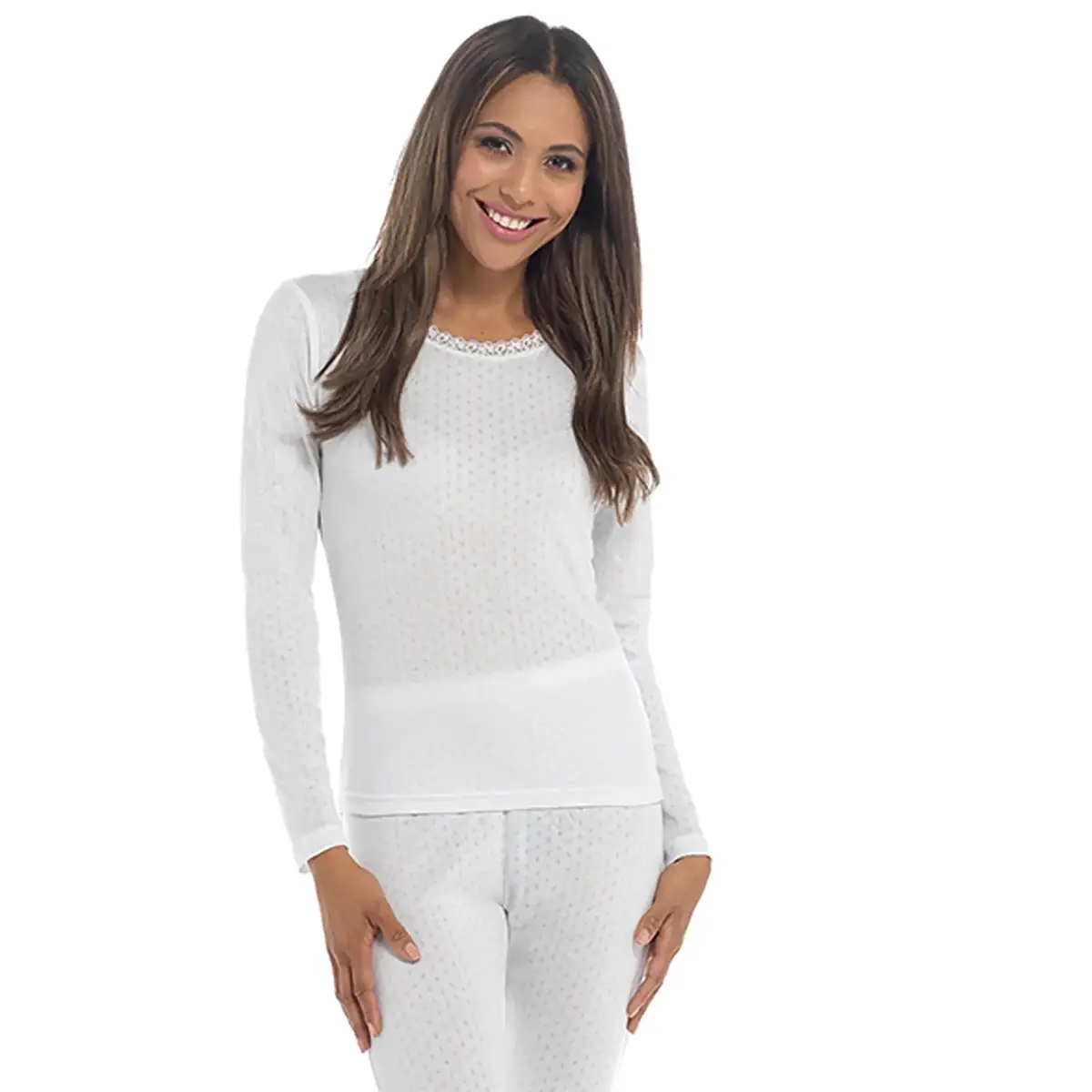 Ladies Thermal Long Sleeve Top White Pointelle Fabric Extra Warm 1
