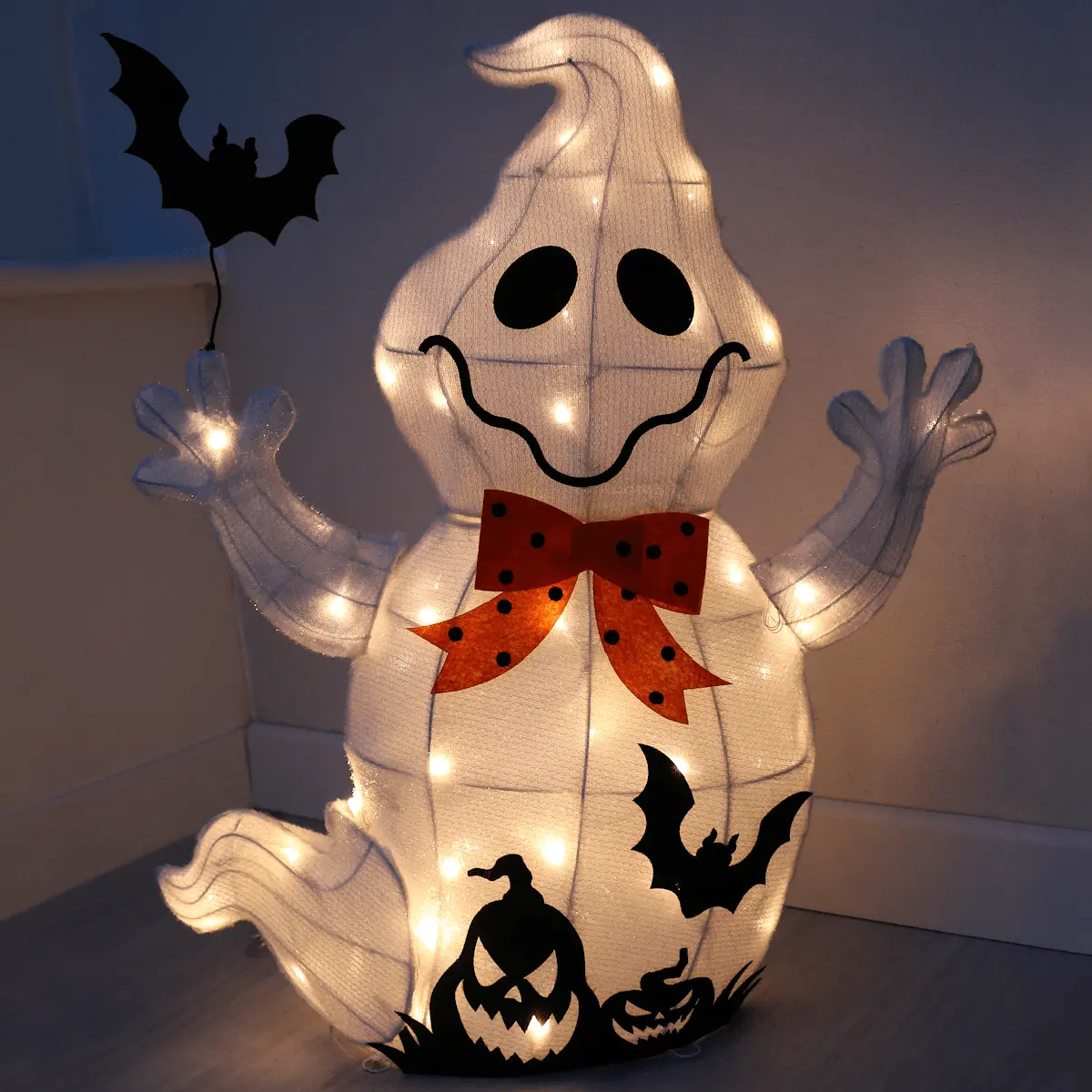 Light Up Ghost With Bat Halloween Decoration White Led 74Cm 1