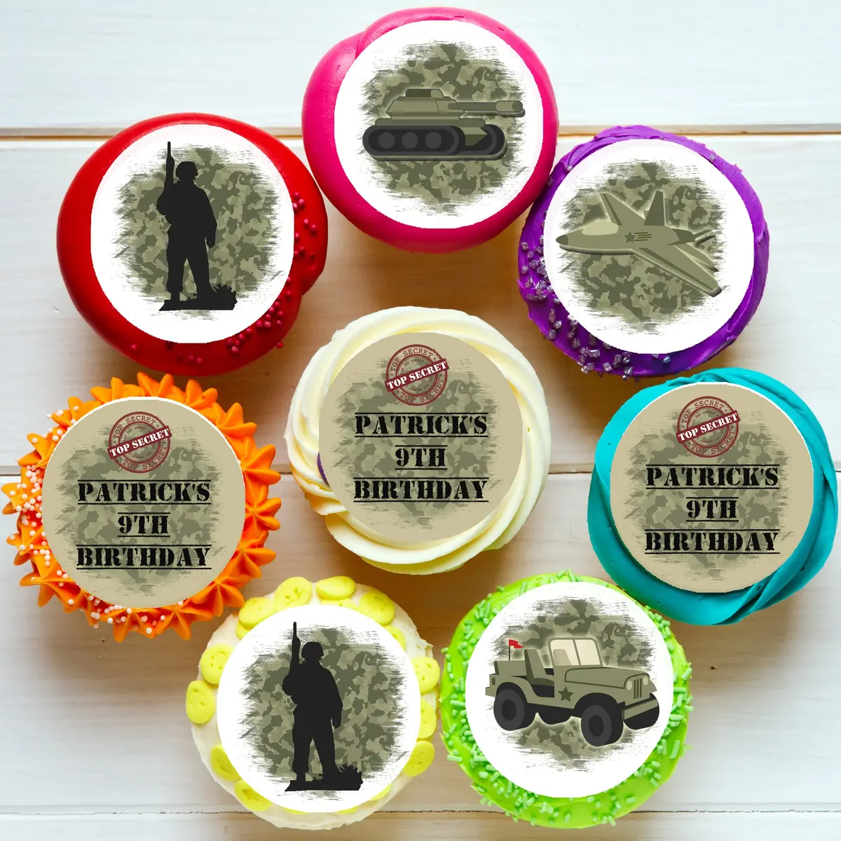 Army Camouflage Camo Pre-Cut Edible Cupcake Or Cookie Toppers 1