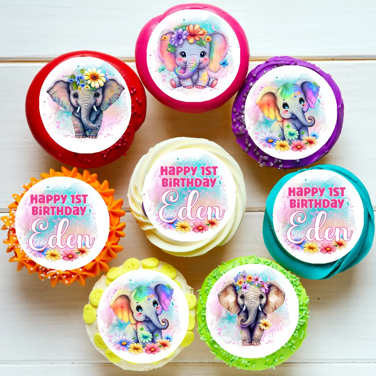 Bright Elephants Pre-Cut Edible Icing Cupcake Or Cookie Toppers 1