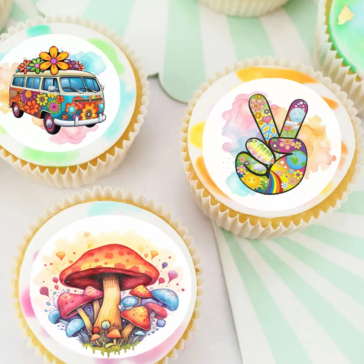 Flower Power Hippie Pre-Cut Edible Cupcake Or Cookie Toppers 1