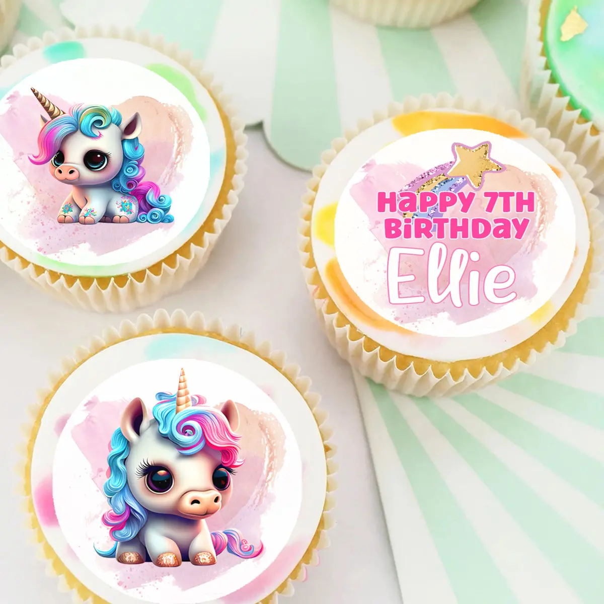 Rainbow Unicorns Pre-Cut Edible Icing Cupcake Or Cookie Toppers 1