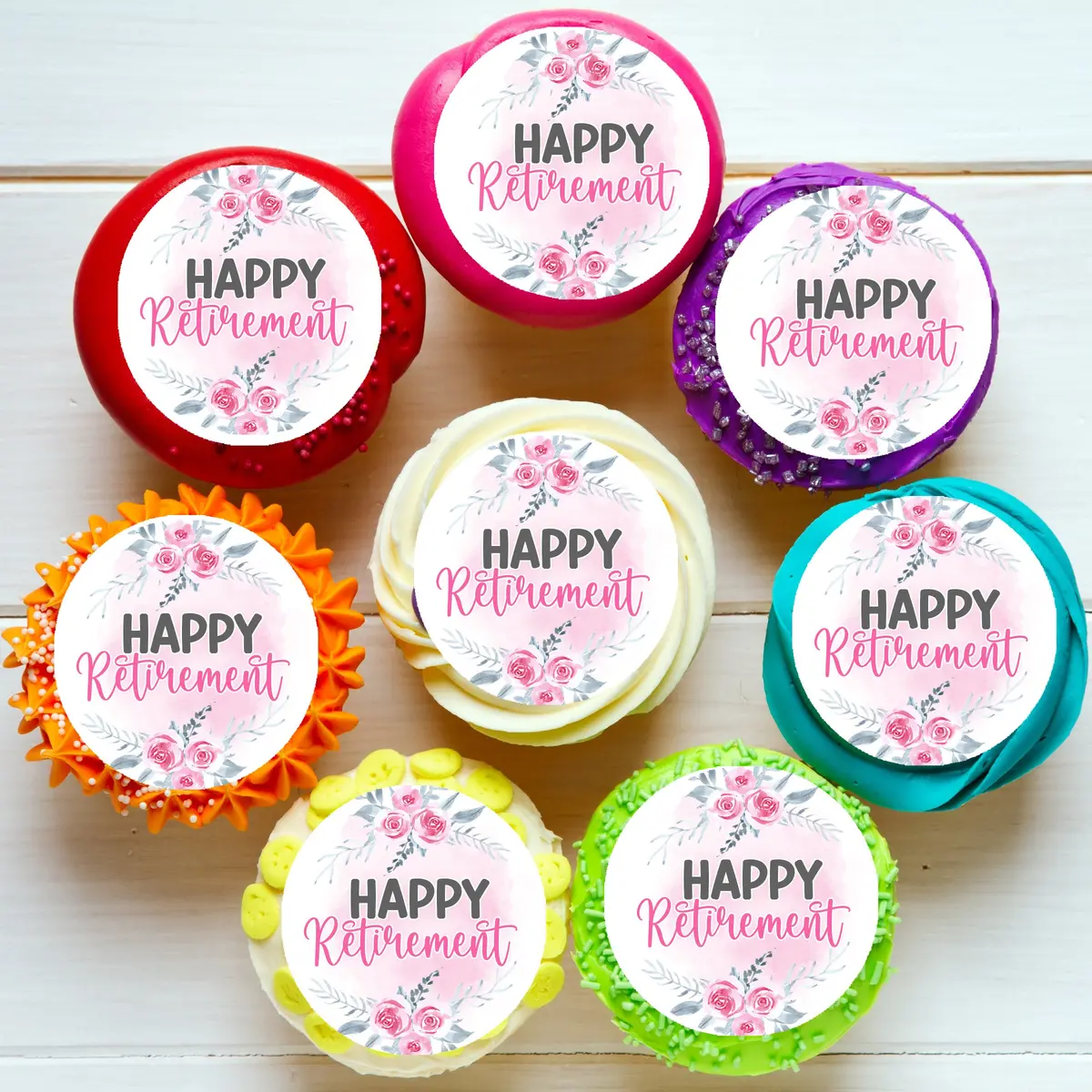 Happy Retirement Pre-Cut Edible Cupcake Or Cookie Toppers 1