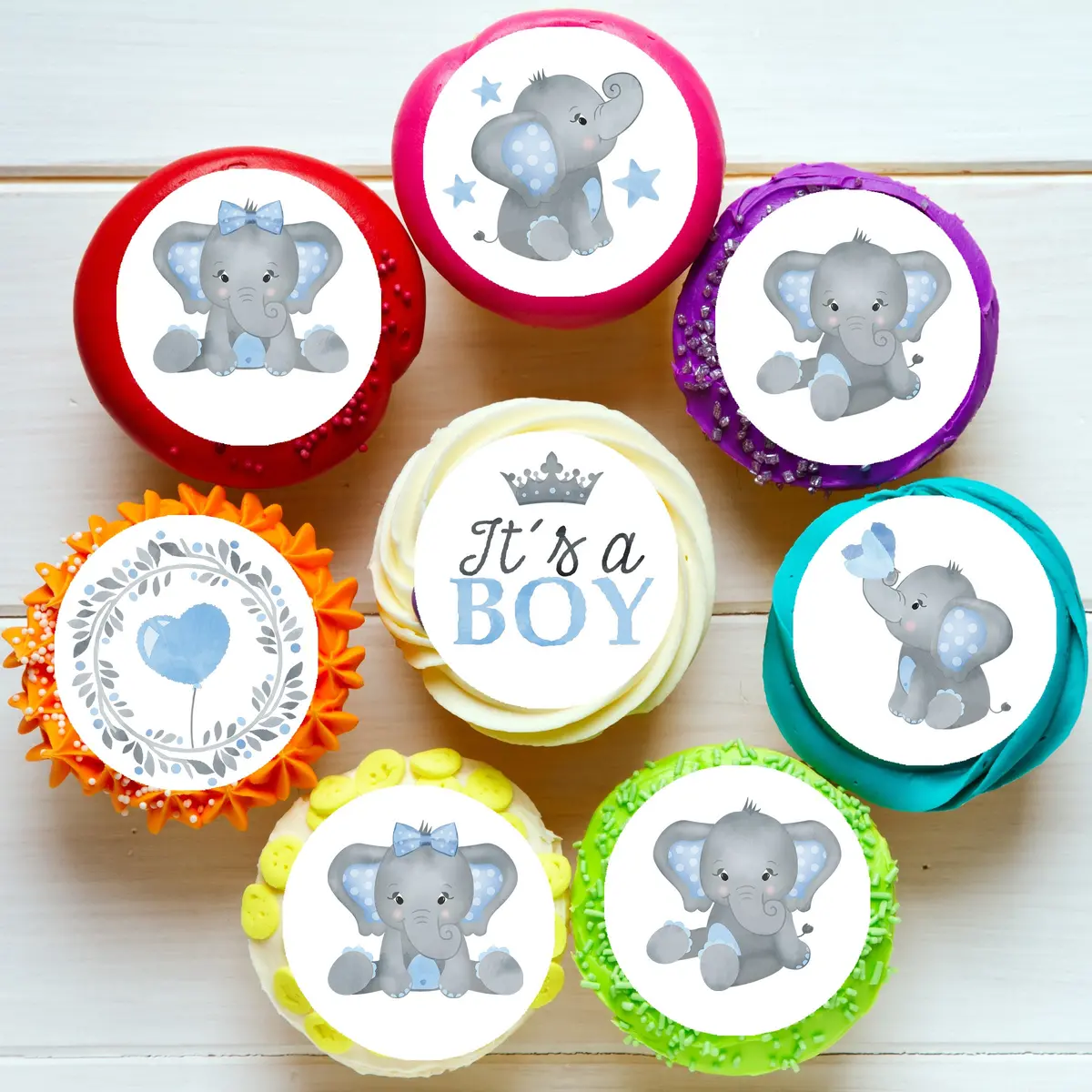 Baby Boy Elephant Pre-Cut Edible Icing Cupcake Or Cookie Toppers 1