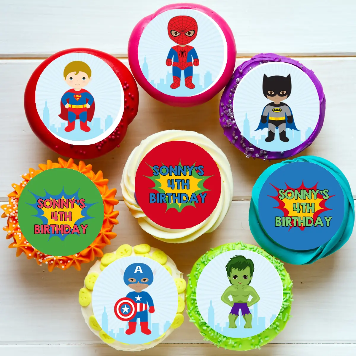 Superhero Boys Pre-Cut Edible Icing Cupcake Or Cookie Toppers 1