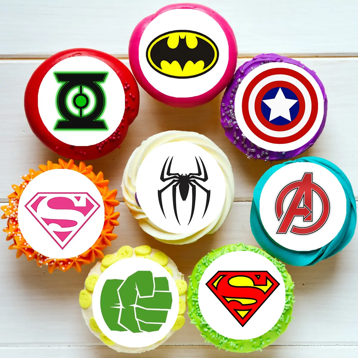 Superhero Logo Pre-Cut Edible Icing Cupcake Or Cookie Toppers 1