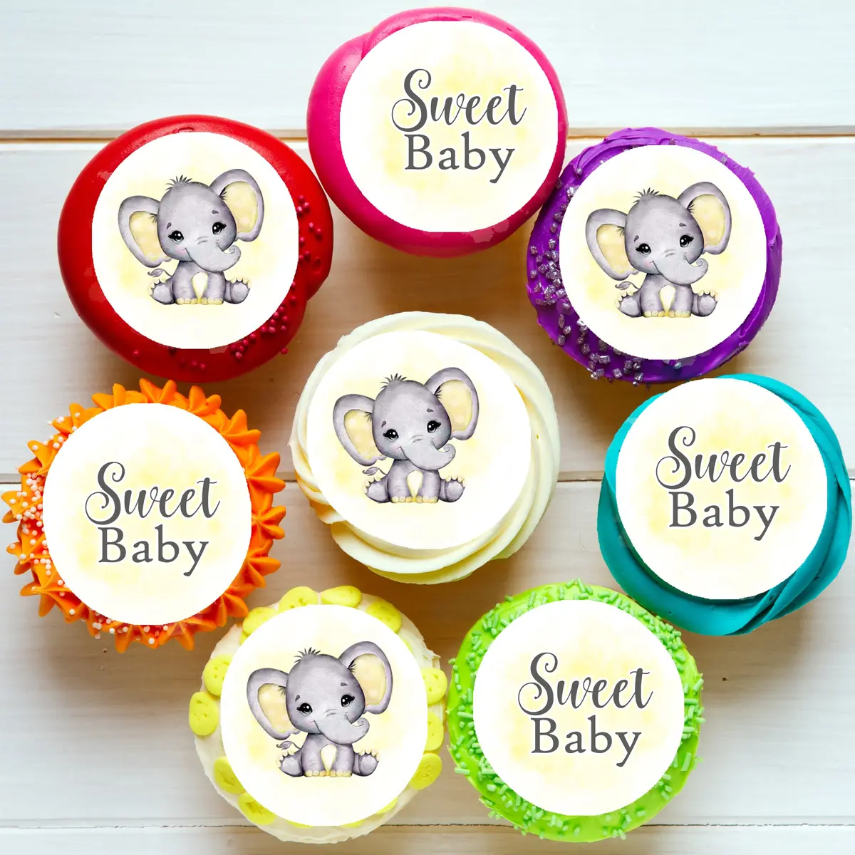 Baby Elephant Shower Pre-Cut Edible Icing Cupcake Or Cookie Toppers 1