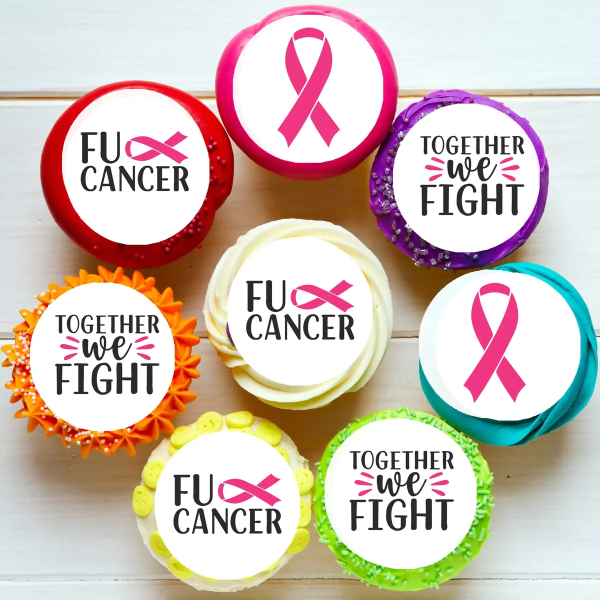 F**K Cancer Pink Ribbon Pre-Cut Edible Icing Cupcake Or Cookie Toppers 1