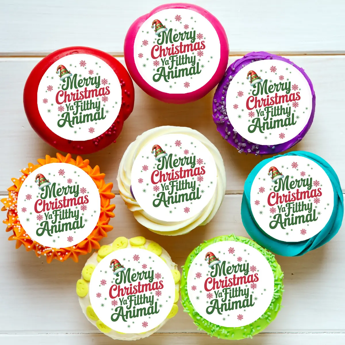 Merry Christmas Ya Filthy Animal Pre-Cut Edible Cupcake Or Cookie Toppers 1