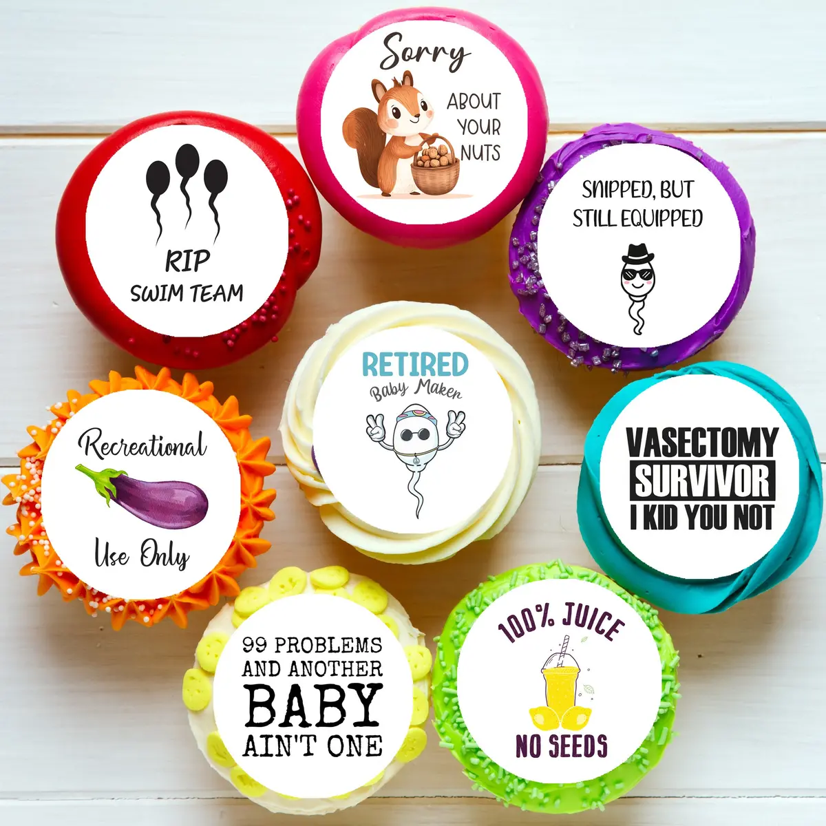 Funny Vasectomy Pre-Cut Edible Icing Cupcake Or Cookie Toppers 1