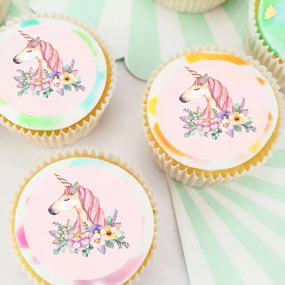 Floral Unicorn Pre-Cut Edible Cupcake Or Cookie Toppers 1