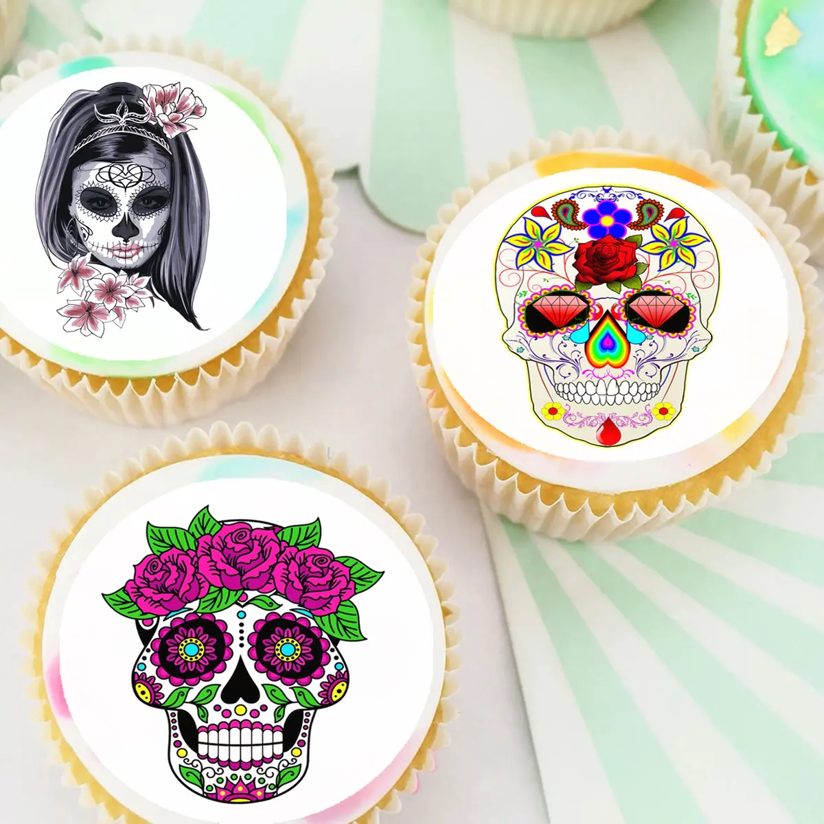 Sugar Skulls Pre-Cut Edible Cupcake Or Cookie Toppers 1