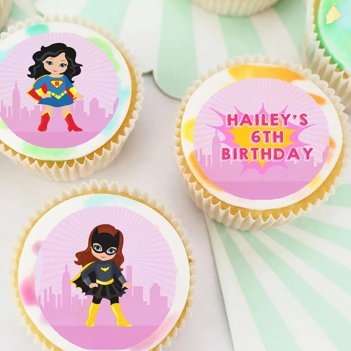 Superhero Girls Pre-Cut Edible Icing Cupcake Or Cookie Toppers 1