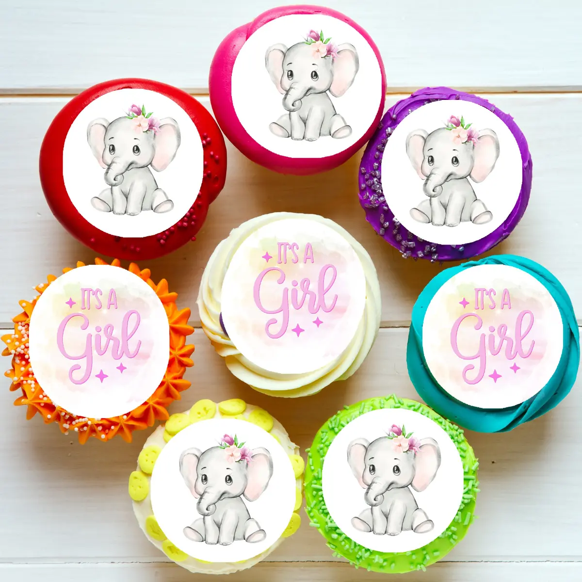 Baby Girl Shower Elephant Pre-Cut Edible Icing Cupcake Or Cookie Toppers 1