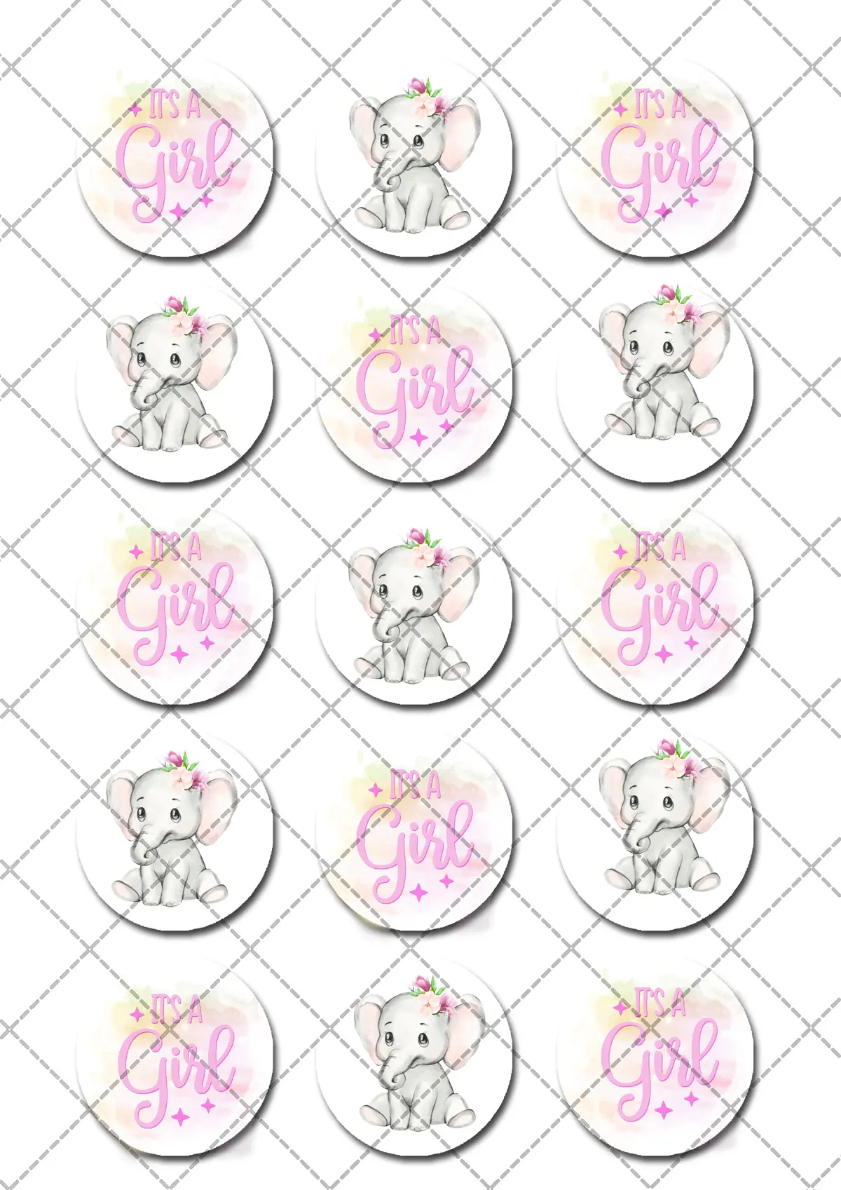 Baby Girl Shower Elephant Pre-Cut Edible Icing Cupcake Or Cookie Toppers 2