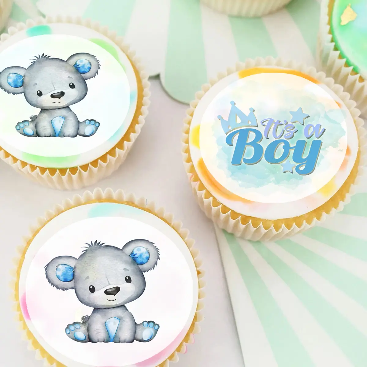 Baby Boy Shower Teddy Bear Pre-Cut Edible Icing Cupcake Or Cookie Toppers 1