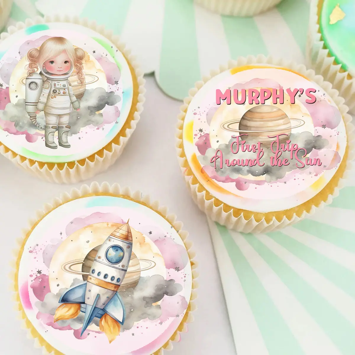First Trip Around The Sun Pre-Cut Edible Cupcake Or Cookie Toppers 1