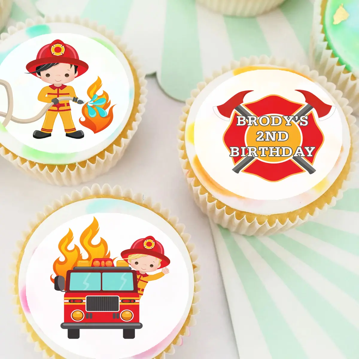 Fireman Firetruck Pre-Cut Edible Icing Cupcake Or Cookie Toppers 1