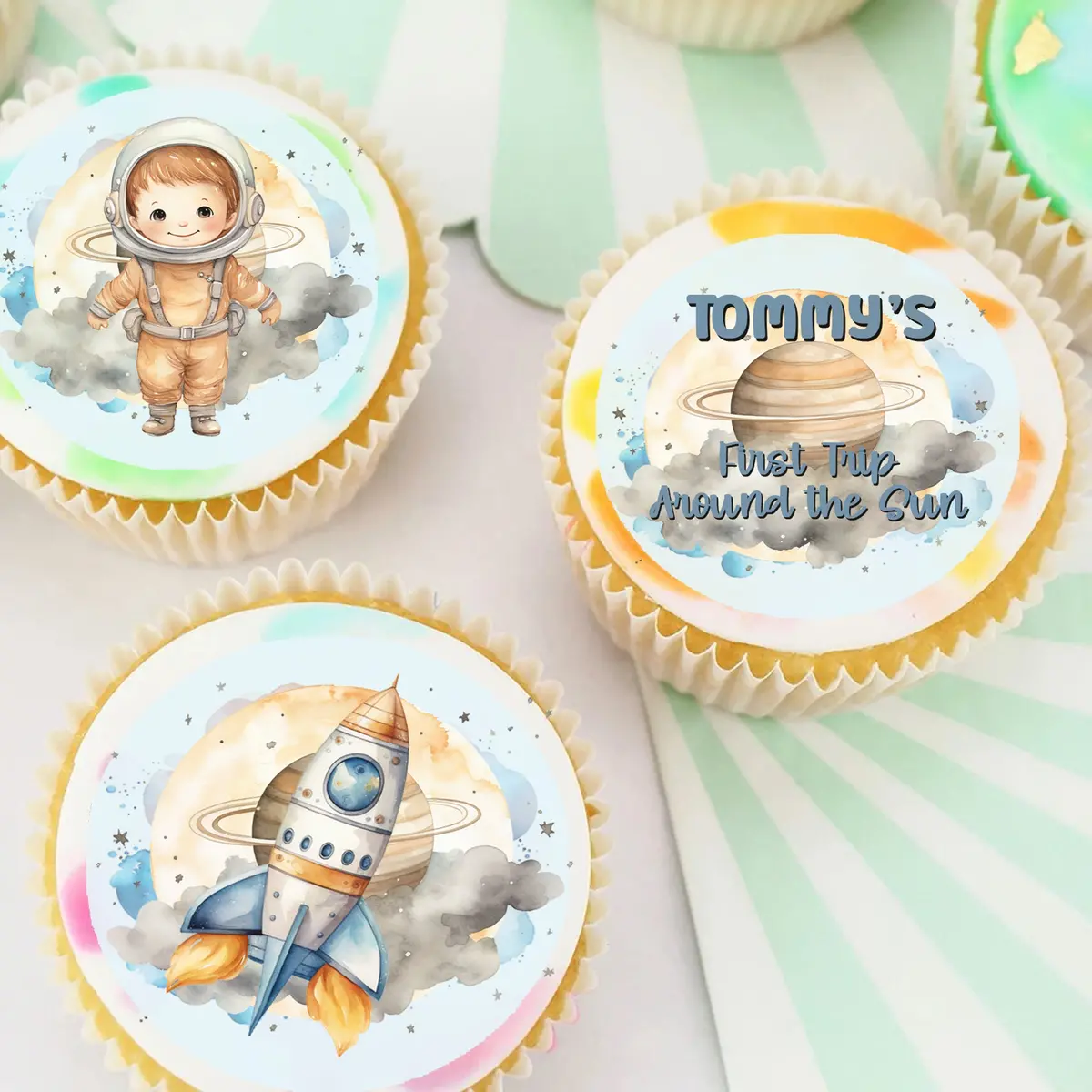 First Trip Around The Sun Pre-Cut Edible Cupcake Or Cookie Toppers 1