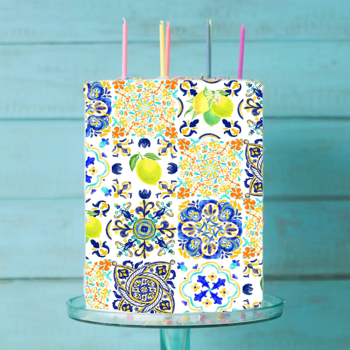 Amalfi Blue Tile Pattern Edible Icing Cake Wrap 1