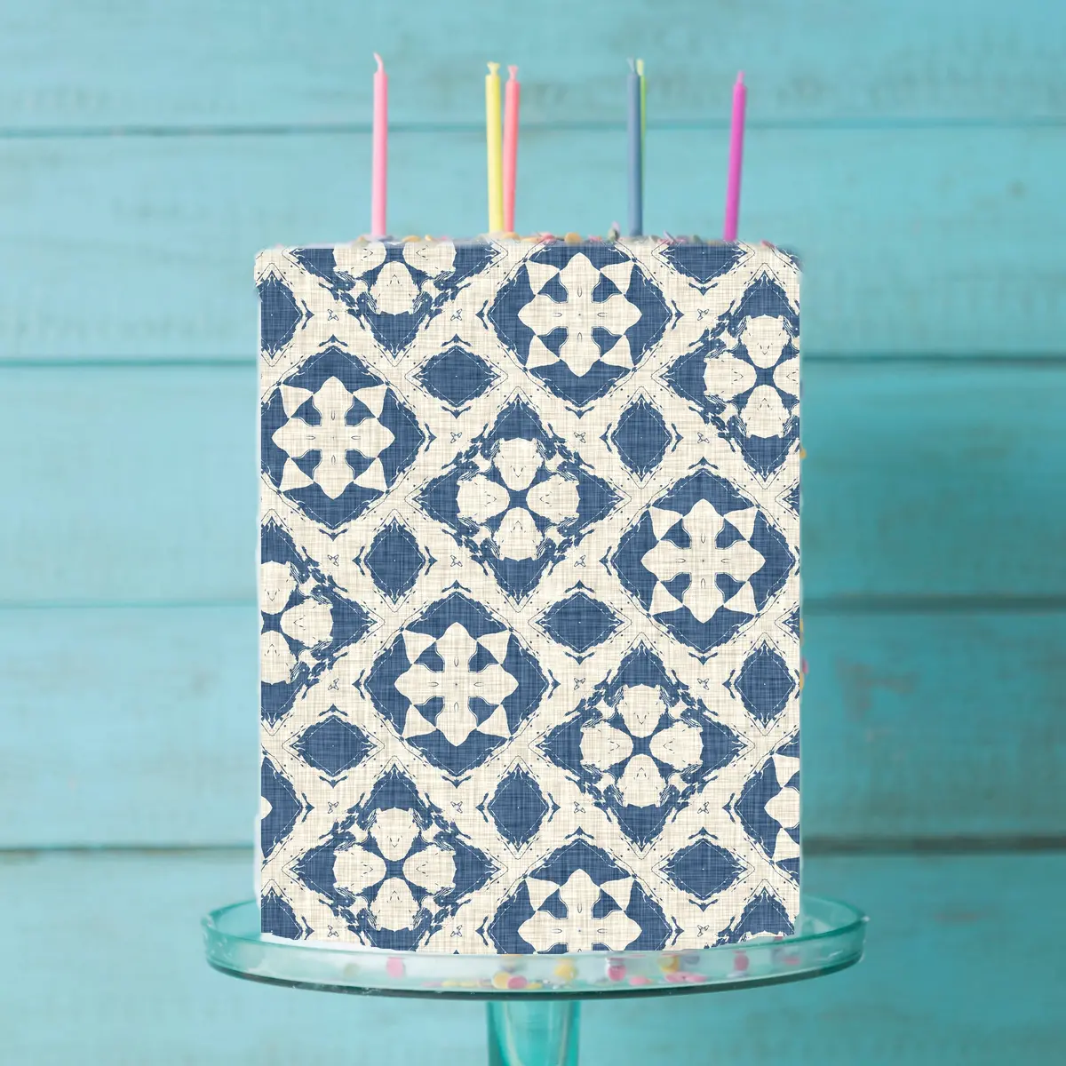 Blue Tile Pattern Edible Icing Cake Wrap 1