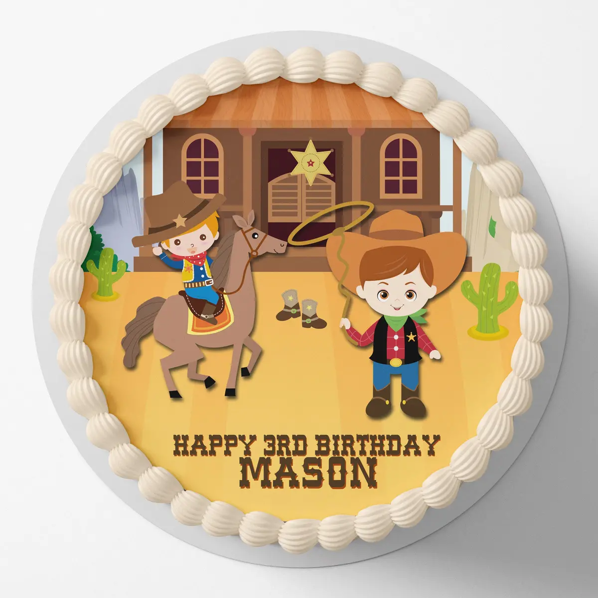 Cowboy Themed Birthday Pre-Cut Round Edible Cake Topper 1