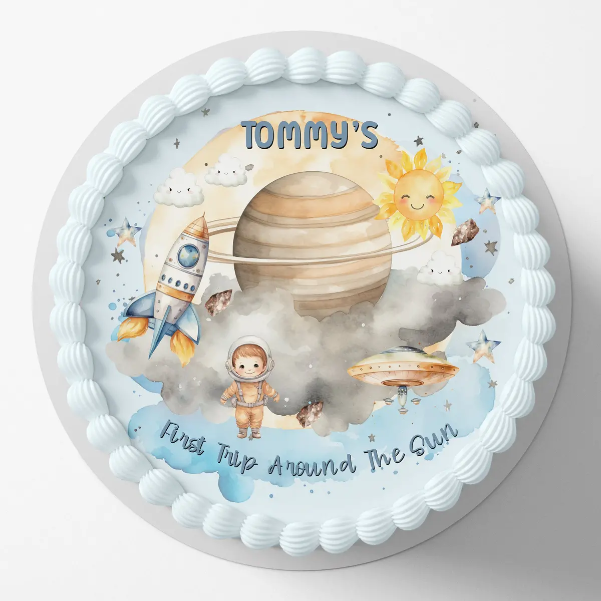 First Trip Around The Sun Pre-Cut Round Edible Cake Topper 1