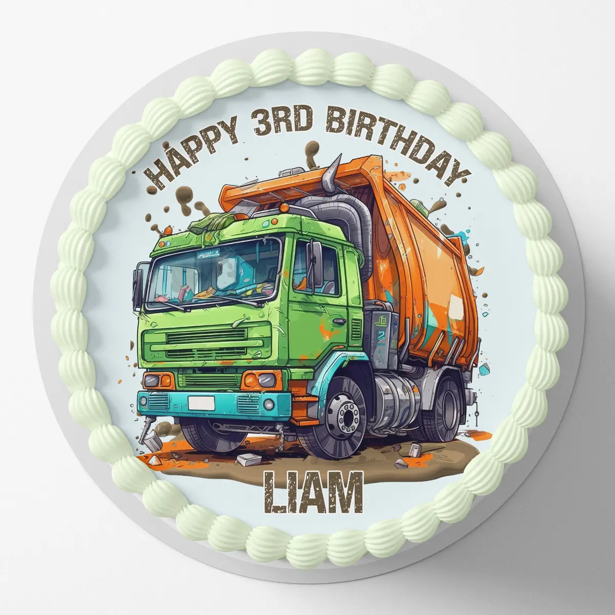 Garbage Truck Pre-Cut Round Edible Cake Topper 1