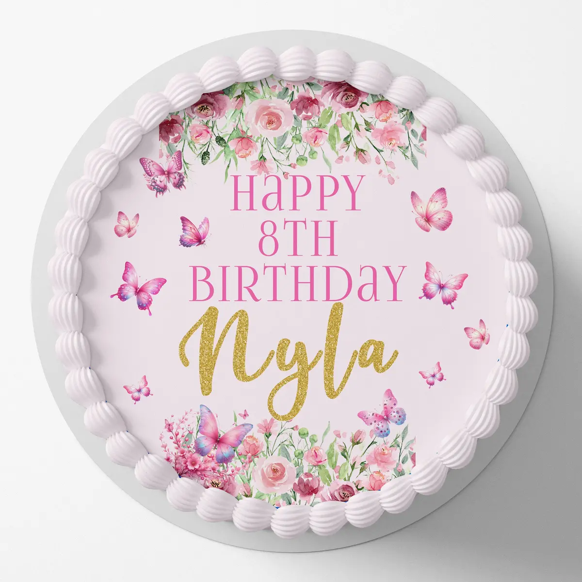Floral Butterfly Pre-Cut Round Edible Cake Topper 1