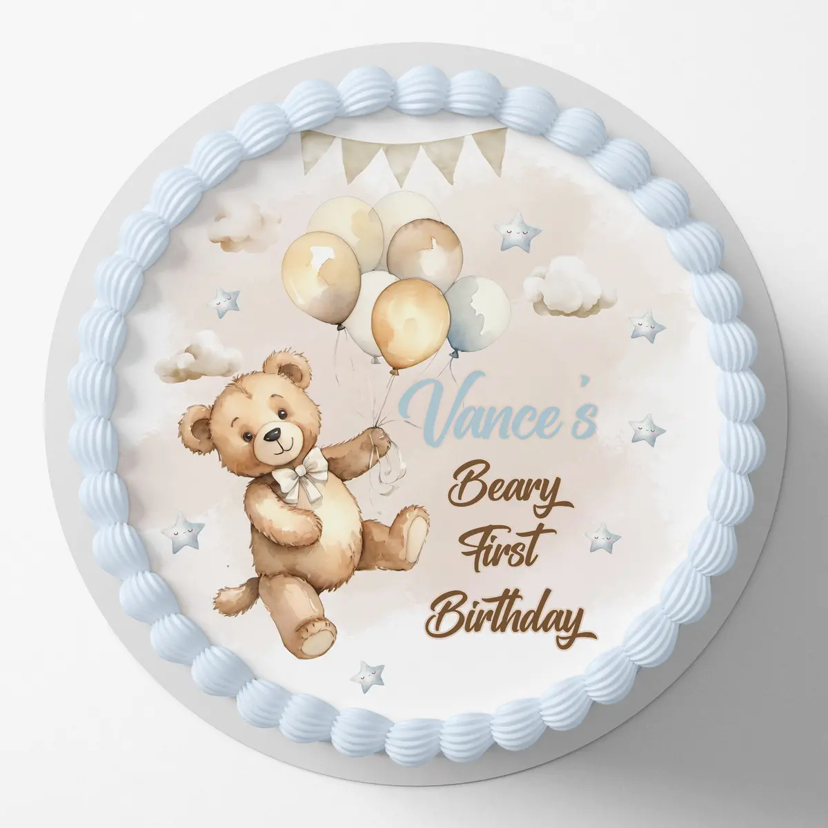 Beary First Birthday Pre-Cut Round Edible Cake Topper 1