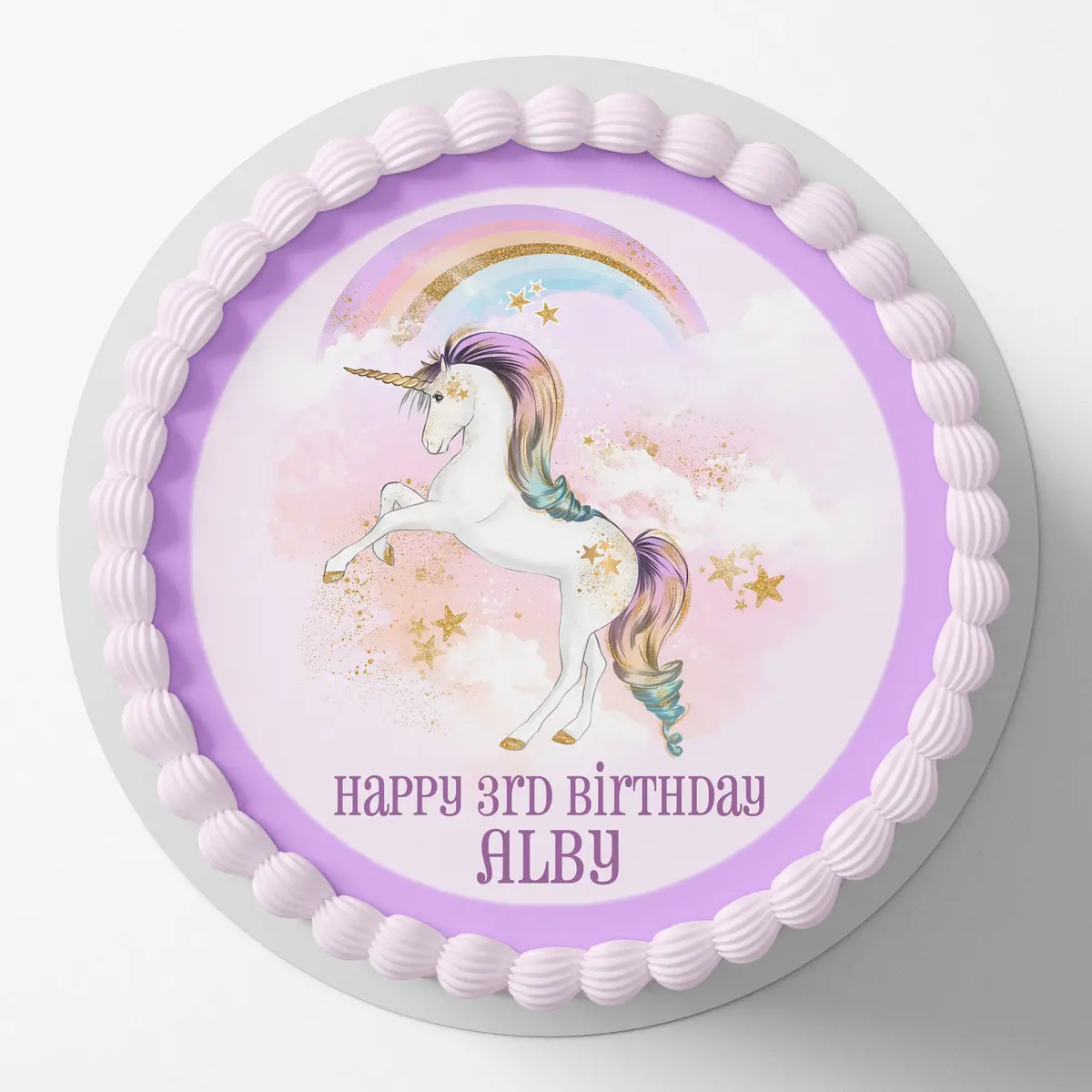Rainbow Unicorn Round Pre-Cut Edible Icing Cake Topper 1