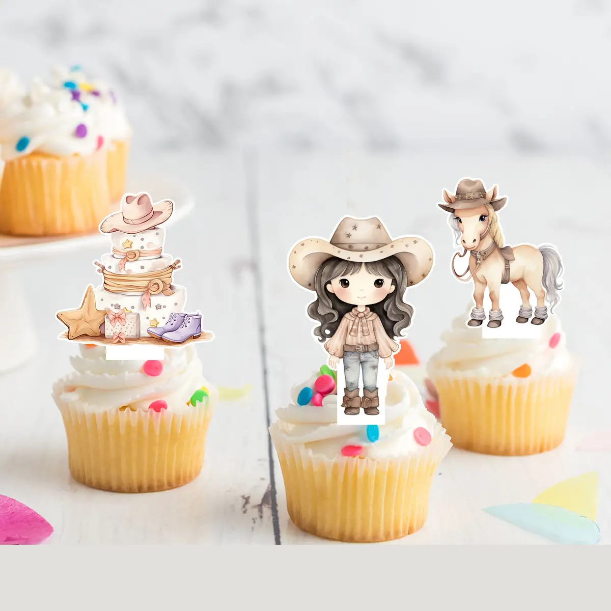 Cowgirl Western Rodeo Pre-Cut Edible Stand-Up Wafer Card Cupcake Toppers 1
