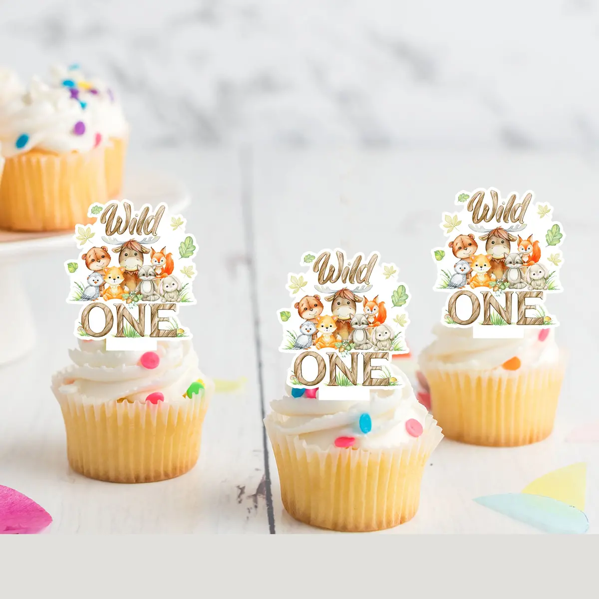 Jungle Safari Animals Wild One Pre-Cut Edible Stand Up Wafer Card Cupcake Toppers 1