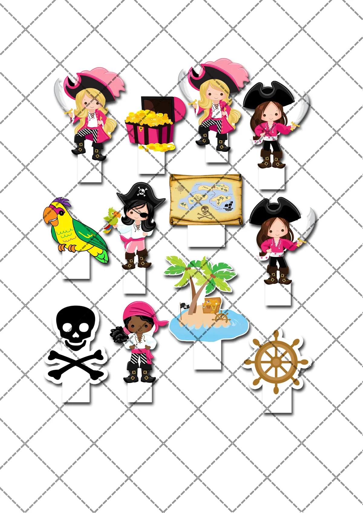 Pirate Girls Pre-Cut Edible Stand-Up Wafer Card Toppers 2