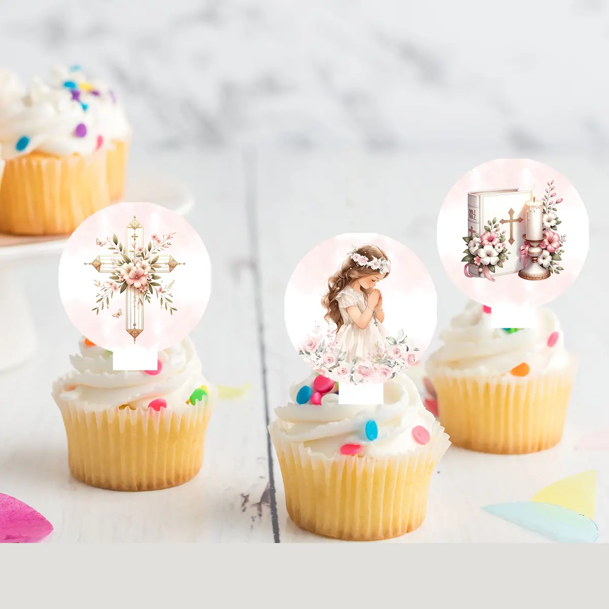 First Holy Communion Pre-Cut Edible Stand-Up Wafer Card Cupcake Toppers 1