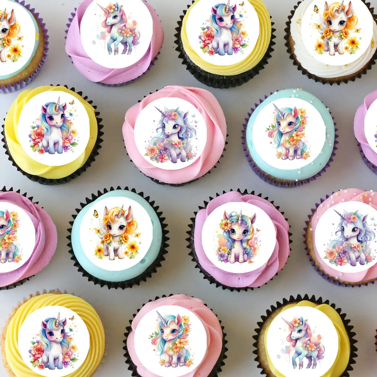 Rainbow Watercolour Unicorns Pre-Cut Mini Edible Icing Cupcake Or Cookie Toppers 1