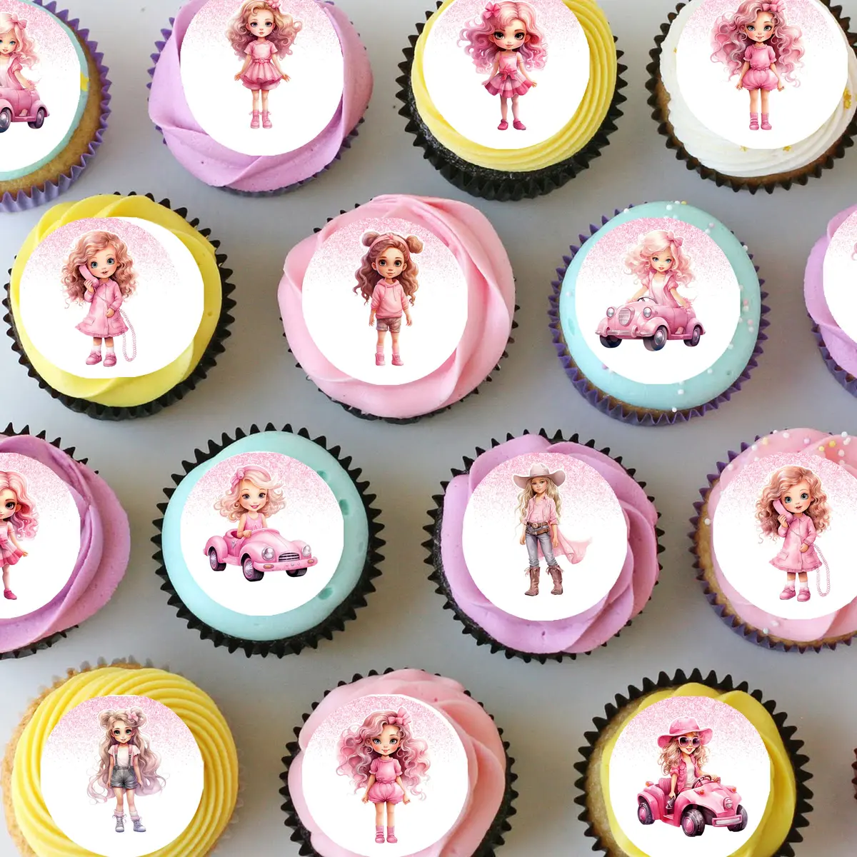 Pretty Pink Dolls Pre-Cut Mini Edible Cupcake Or Cookie Toppers 1